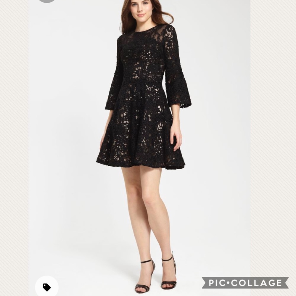 Moniqe Lhuillier bell swirl lace dress